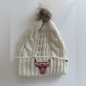 Chicago bulls Cream Knit Beanie with embroidered Red bull Logo and Pom Pom. NBA